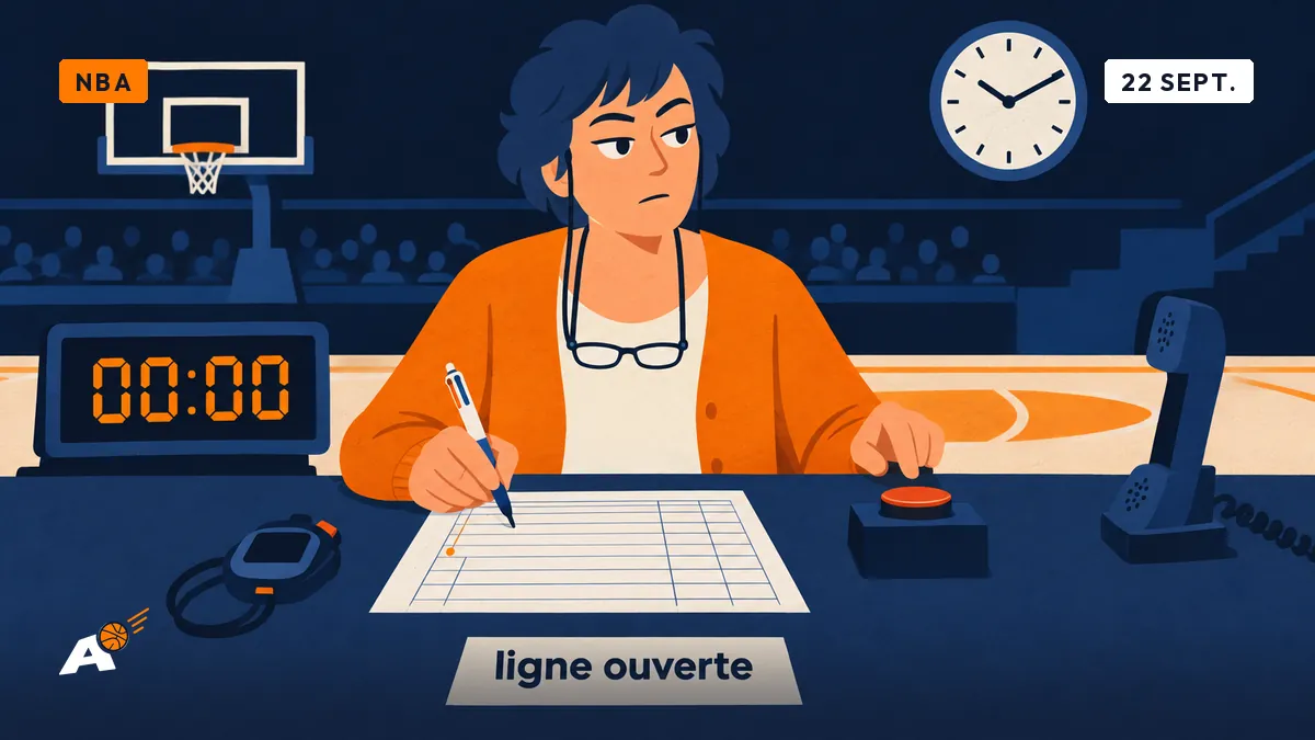 Martine, à la table de marque, tient un bic au-dessus d'une ligne vide de la feuille ; l'horloge murale indique une heure, le chrono indique zéro, et un téléphone décroché attend sur un coin de la table.