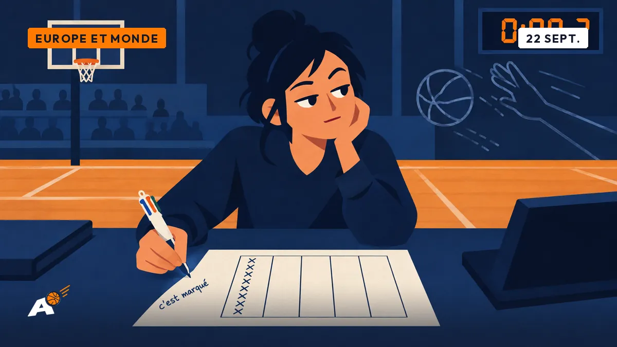 Martine, à la table de marque d'un hall communal, tient son bic à quatre couleurs au-dessus d'une feuille à six colonnes. Une colonne est remplie, une main fantôme venue d'ailleurs plane à côté, sans case où s'inscrire, et le chrono affiche deux dixièmes de seconde.