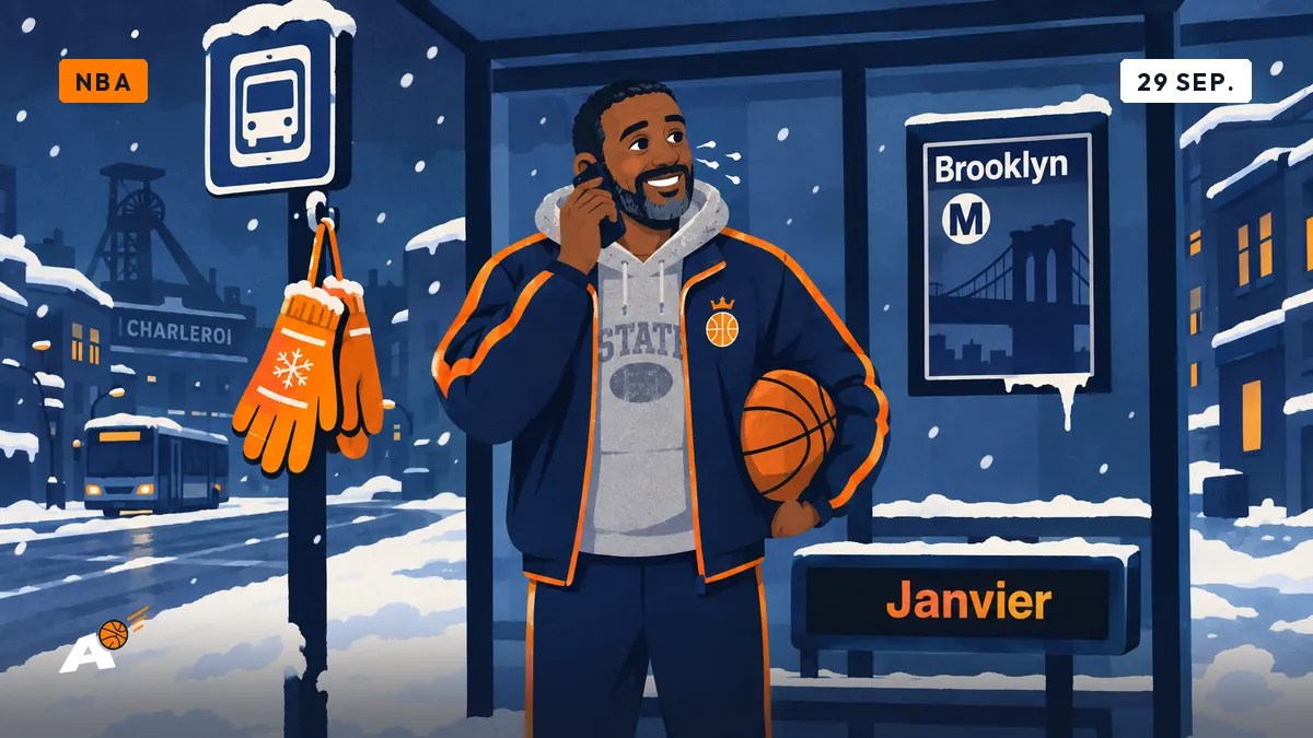 Darnell staat te rillen aan een besneeuwde bushalte, twee truien aan, telefoon aan het oor, handschoenen aan de paal.