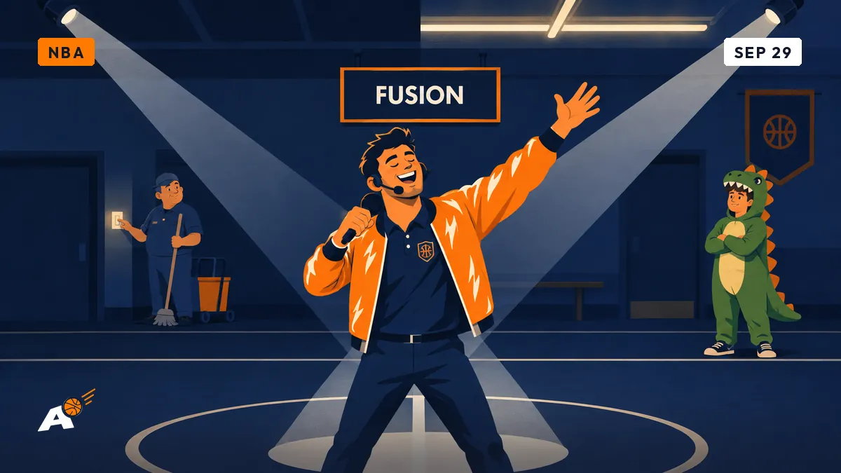 A speaker mimics the Dragon Ball fusion pose under two spotlights in a half-lit hall, with a dinosaur mascot standing beside him.