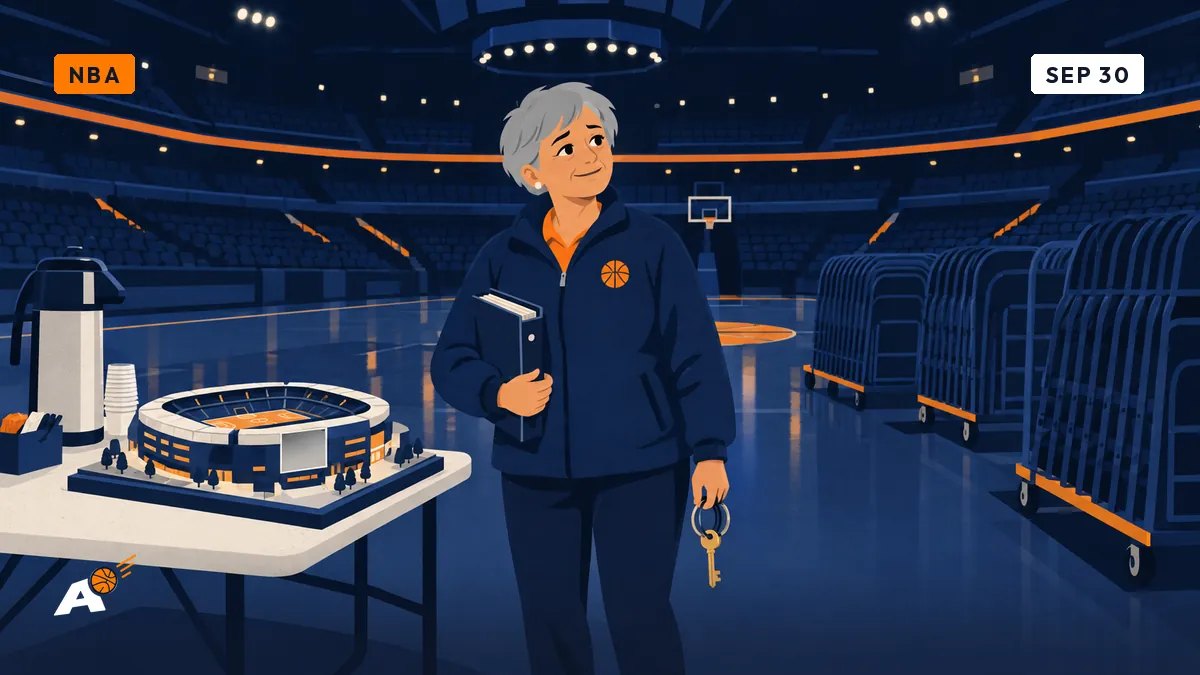 Chantal stands alone in a huge empty arena holding a single key beside stacked chairs, wondering who will lock up at midnight.