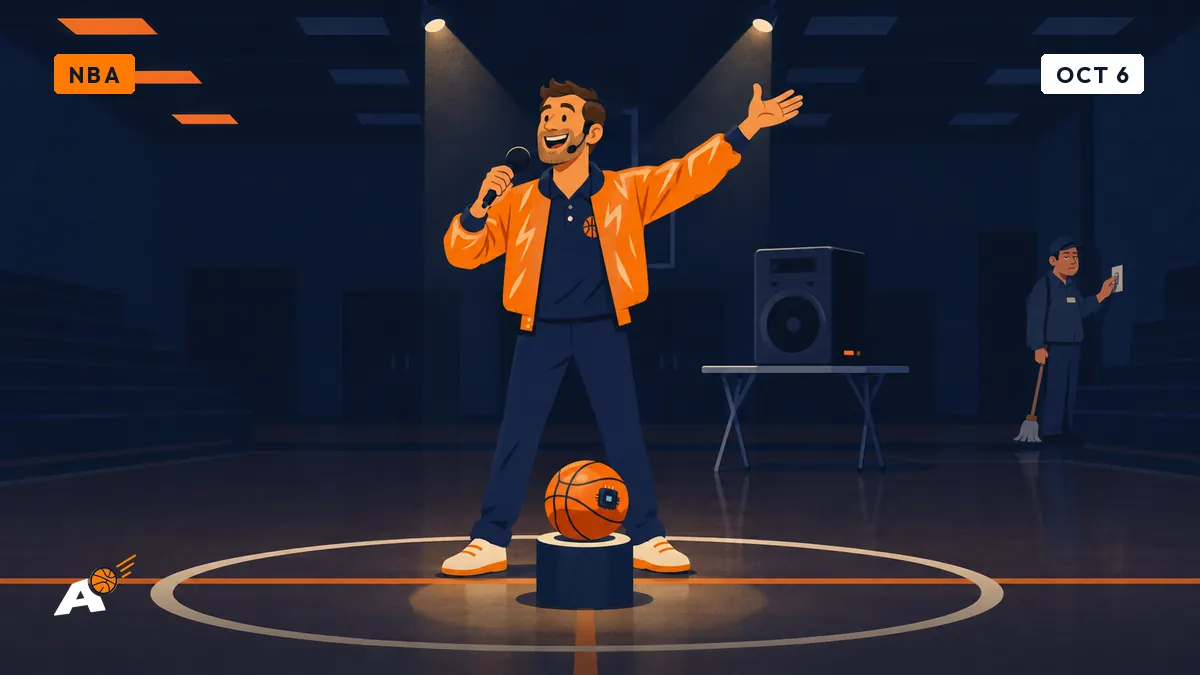 Dimitri raises a microphone to introduce a sensor-equipped ball on a pedestal at center court of a half-lit community hall.