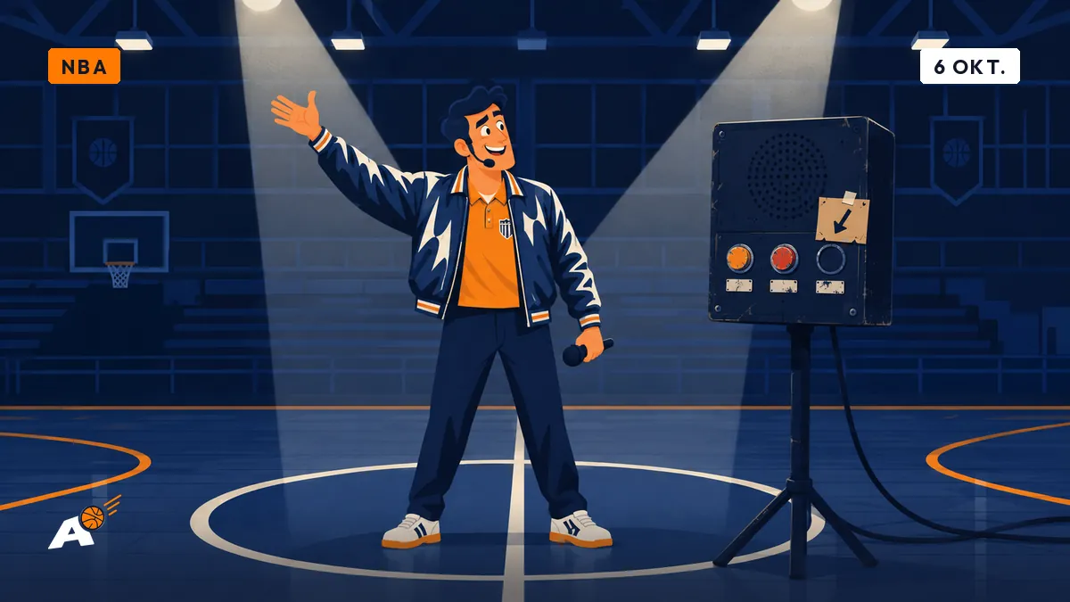 Dimitri staat met zijn microfoon omlaag in het middencirkel van een gemeentelijke sporthal en staart naar een luidspreker met een blanco derde knop.