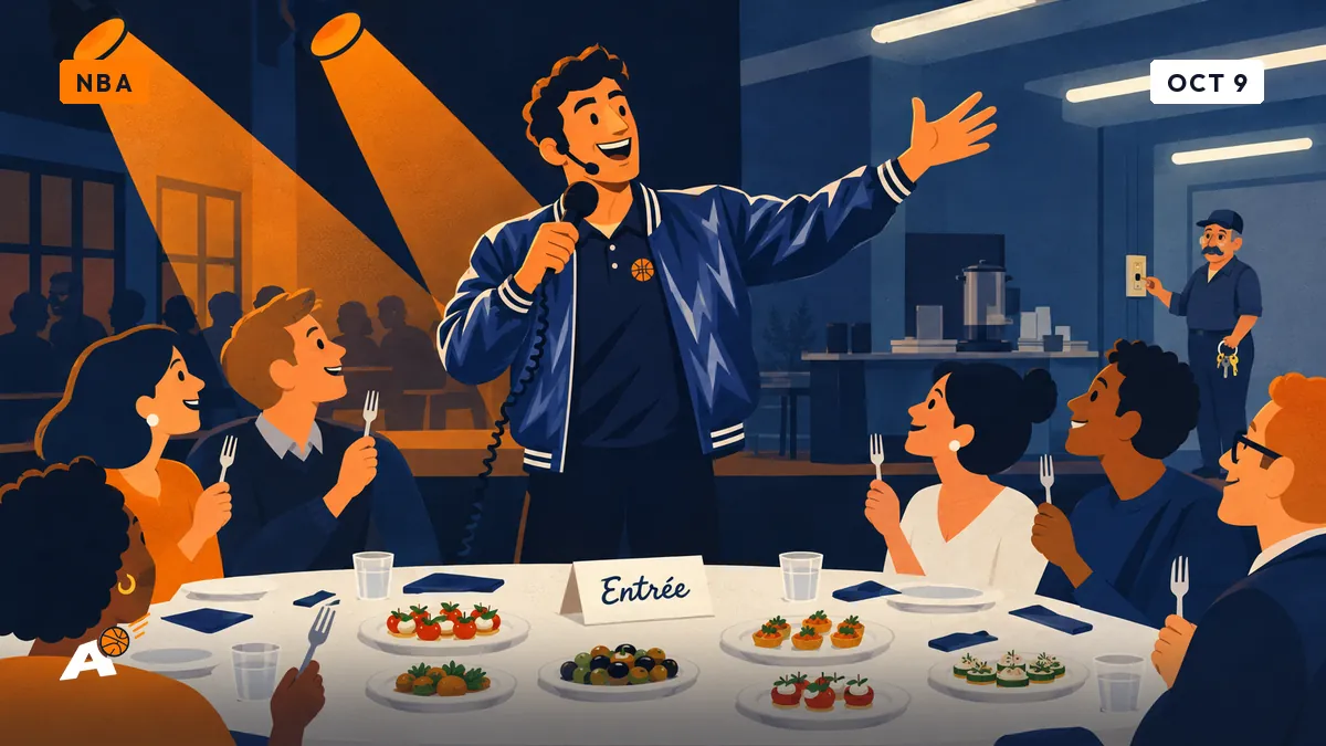 Dimitri holds a microphone, pausing before a team dinner in a half-lit community hall under two spotlights.