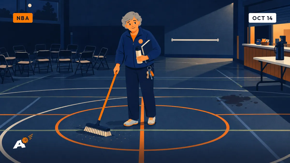 Chantal sweeps alone in a half-lit community hall with three overlapping sets of court lines, a thermos at her feet.