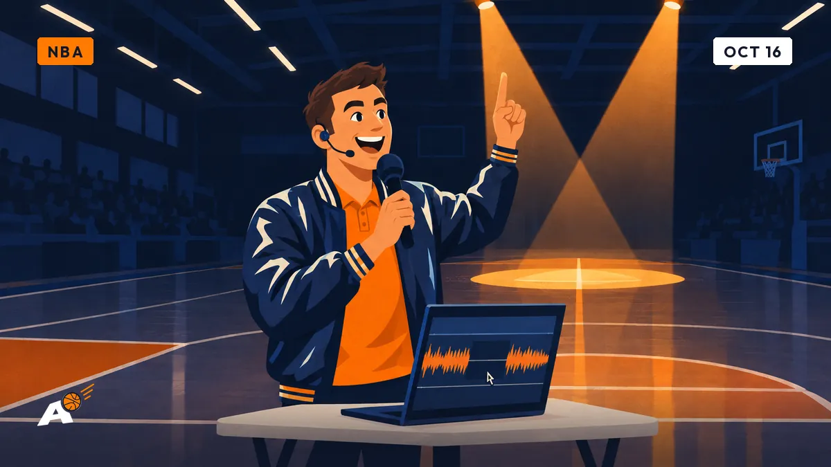 Dimitri holds a microphone in a half-lit community hall, finger raised, before a laptop showing an audio file cut just before the first name.}