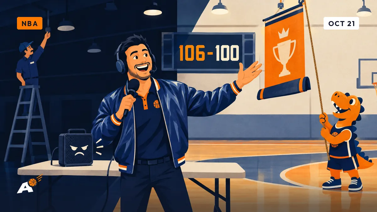 Dimitri holds a mic in a community gym beside a half-raised banner pulled by a dinosaur mascot, scoreboard reading 106-100.