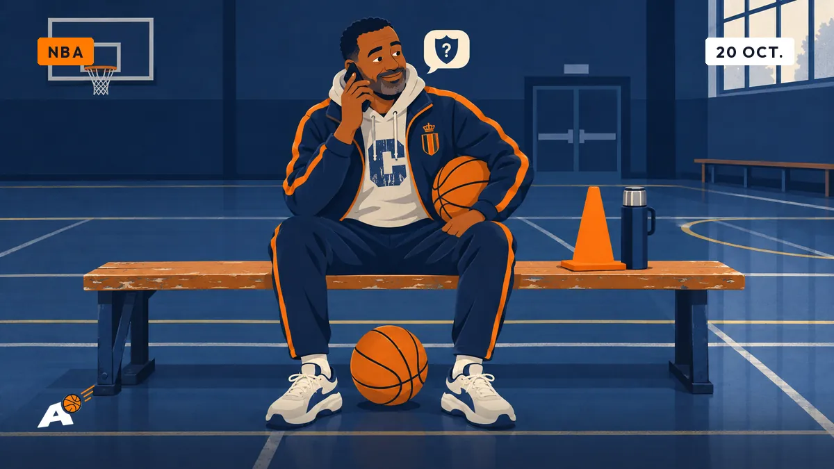 Darnell, au téléphone, assis sur un banc dans une salle communale vide aux lignes de badminton, un ballon aux pieds et un thermos de café.
