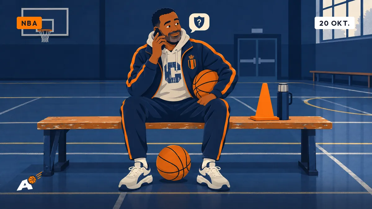 Darnell zit telefonerend op een bank in een lege gemeentelijke sporthal met badmintonlijnen, een basketbal aan zijn voeten en een thermos koffie.