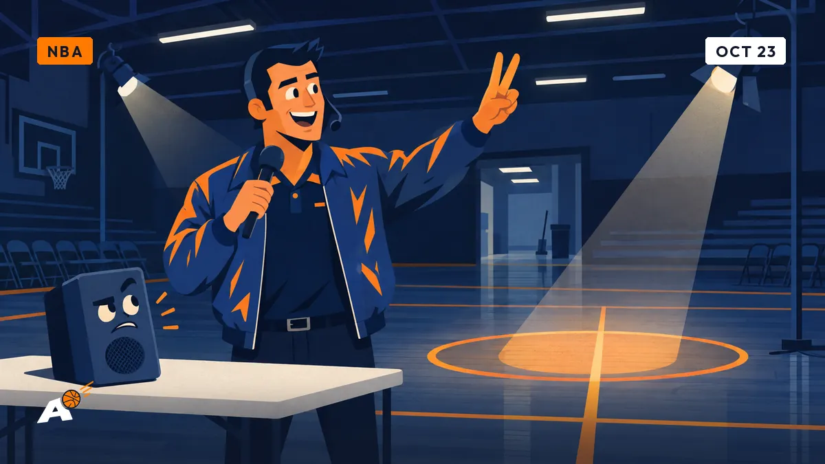 Dimitri, microphone in hand, announces an entrance in a half-lit community hall, a spotlight aimed at an empty center circle.