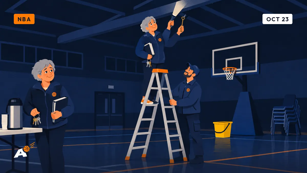 Chantal on a stepladder in an empty hall, flashlight and big key in hand, inspects the ceiling while a caretaker holds the ladder, a bucket below.