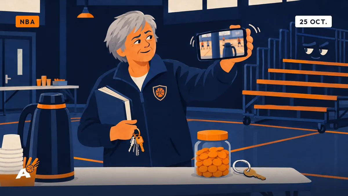 Chantal, derrière le comptoir de la buvette, regarde sur son téléphone une vidéo de match dont un poteau et un thermos cachent l'action.