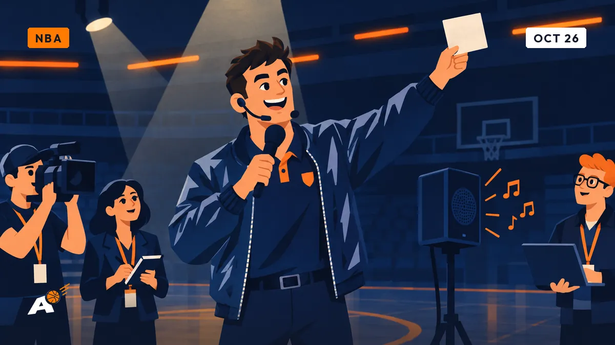 Dimitri at a microphone in a half-lit community hall, arm raised, holding a blank card while the speaker restarts the jingle by itself.