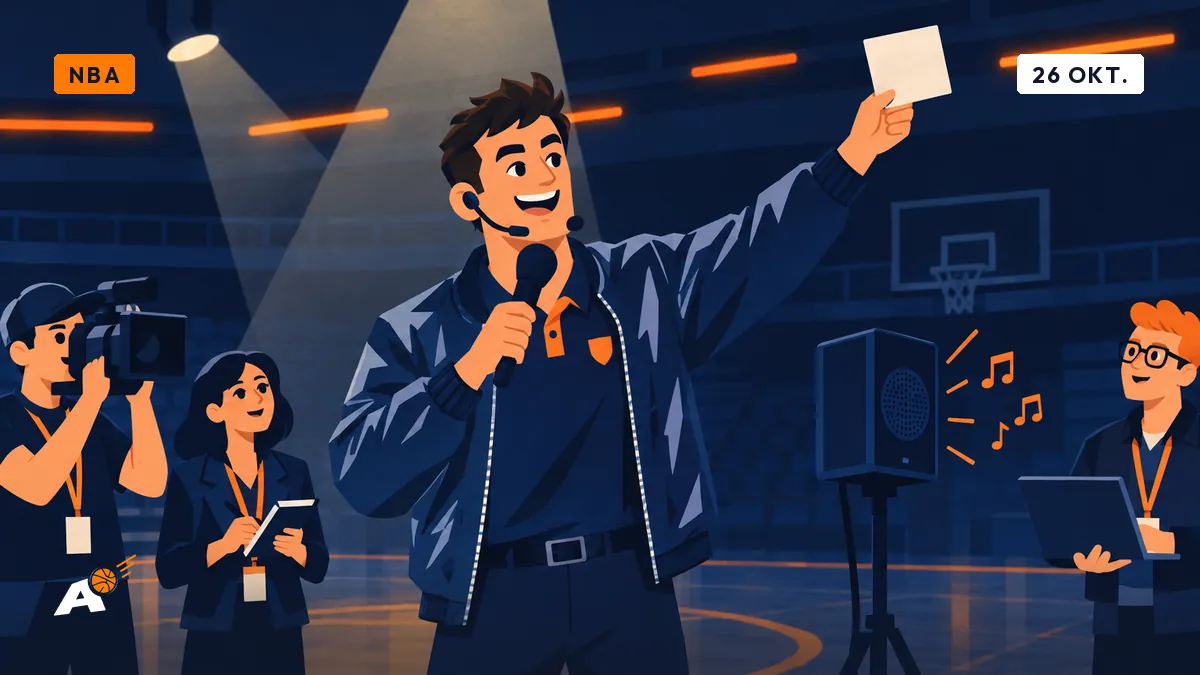 Dimitri aan de microfoon in een half verlichte gemeentelijke sporthal, arm omhoog, een lege fiche in de hand, terwijl de geluidsinstallatie de jingle herstart.