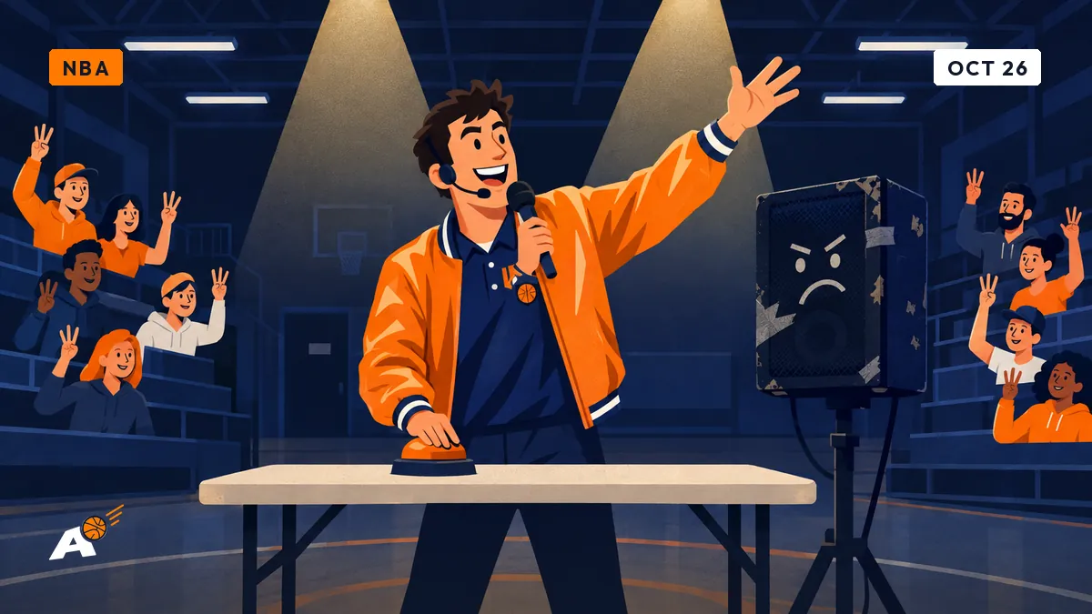 Dimitri at the mic in a community hall under two spotlights, the crowd raising three fingers in rhythm, a speaker with a frowning face.