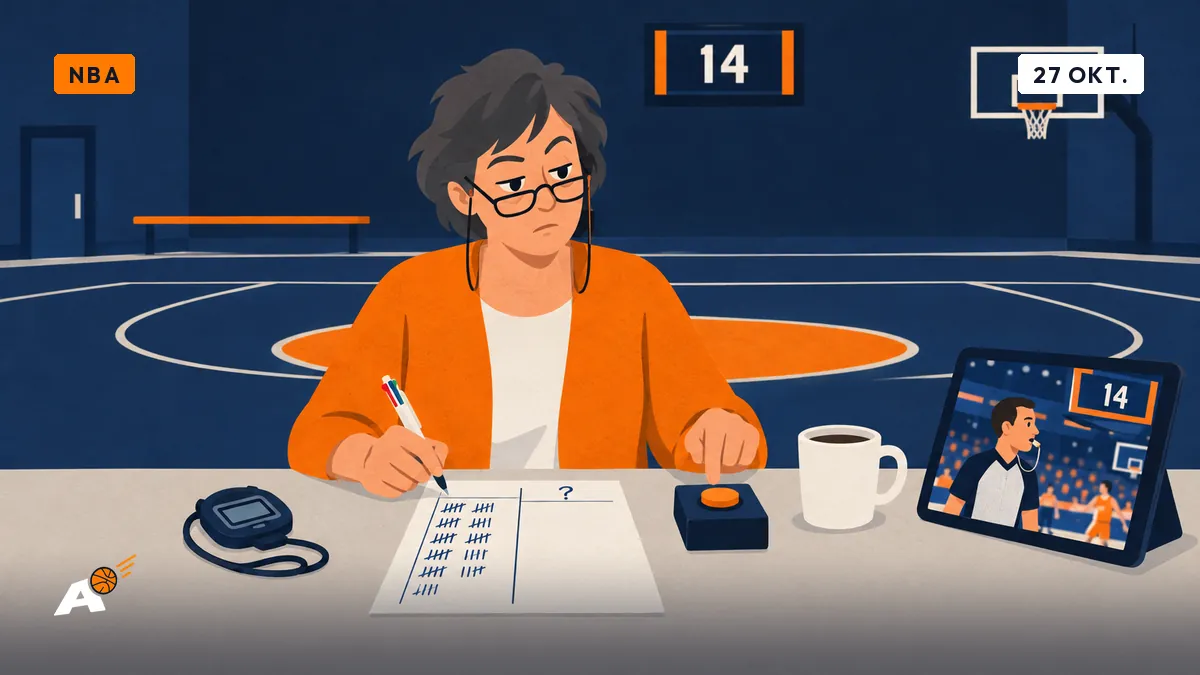 Martine zit aan de scoretafel van een gemeentelijke sporthal en bekijkt haar wedstrijdformulier: één kolom vol fouten, een lege kolom met een vraagteken.