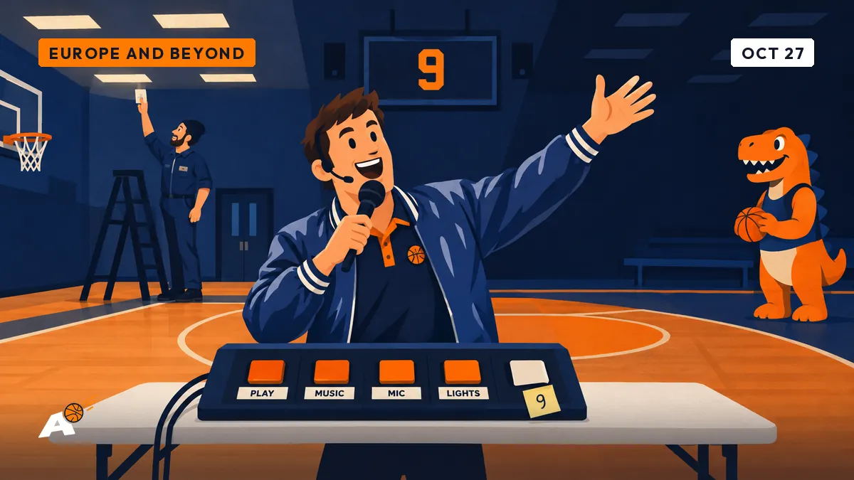 Dimitri holds a microphone in a community hall, beside a soundboard with one blank button and half the ceiling lights off.
