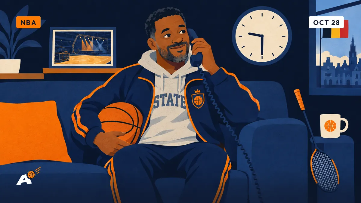 Darnell on the phone on his sofa, a wall clock reading 9:30 behind him and a badminton racket leaning against the couch.