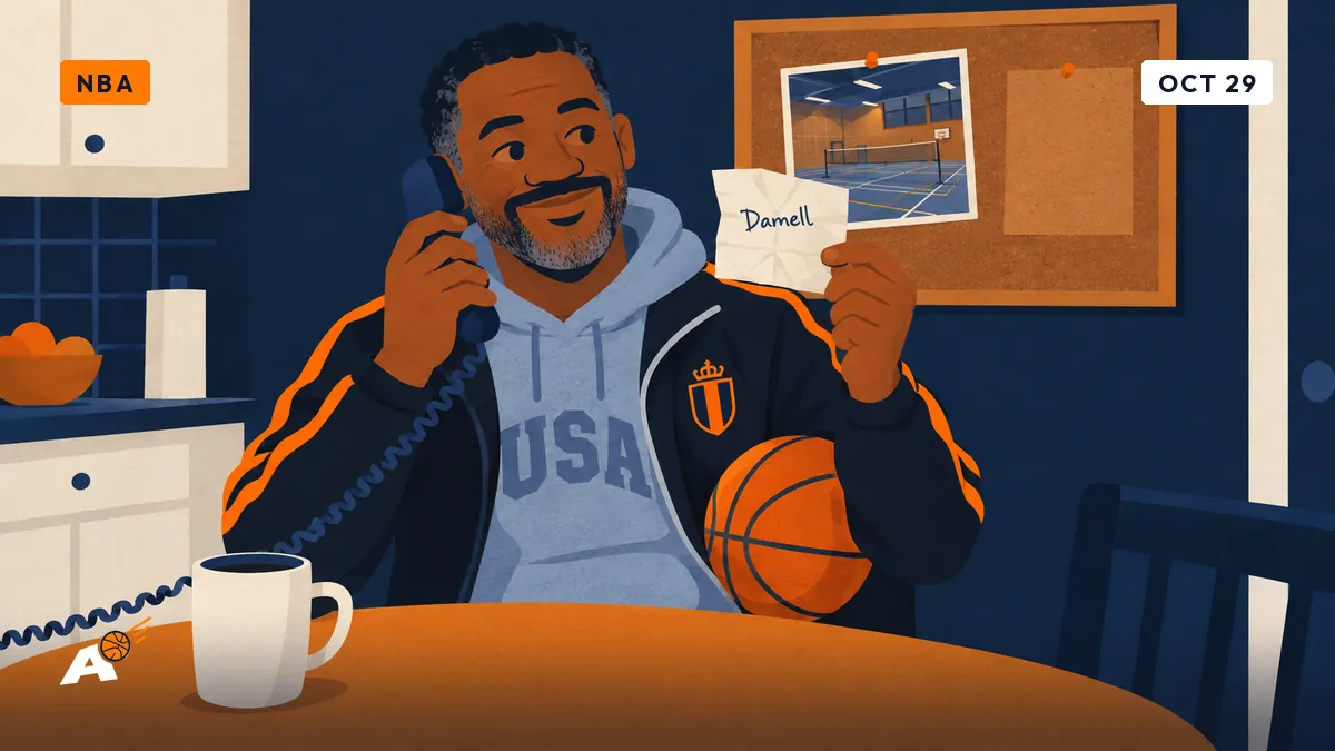 Darnell au téléphone à sa table de cuisine, tenant un petit papier avec un seul prénom écrit, devant un panneau en liège presque vide.