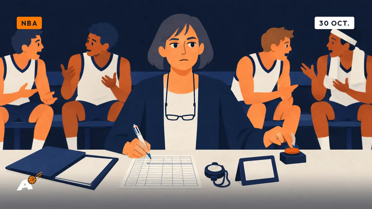 Martine, seule à la table de marque, stylo en main, fixe le chrono tandis que derrière elle des joueurs gesticulent sur le banc.