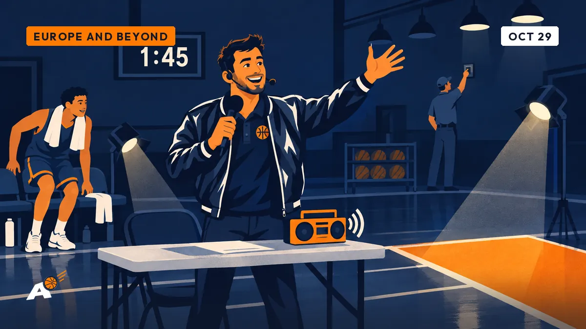 Dimitri, microphone in hand in a village sports hall, announces a player's return under a spotlight, the clock showing 1:45.